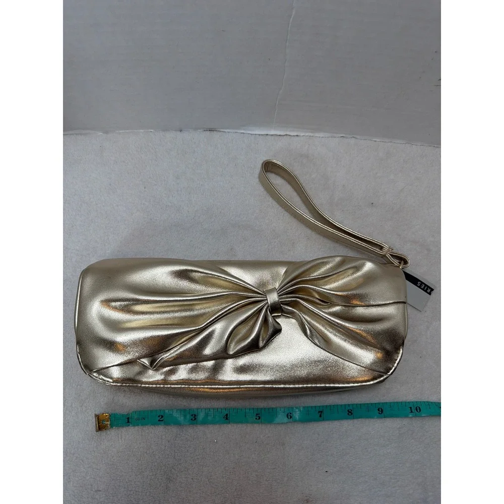 NWT Y2K Gold Metallic‎ Bow Wristlet Clutch Evening Bag Wristlet Strap